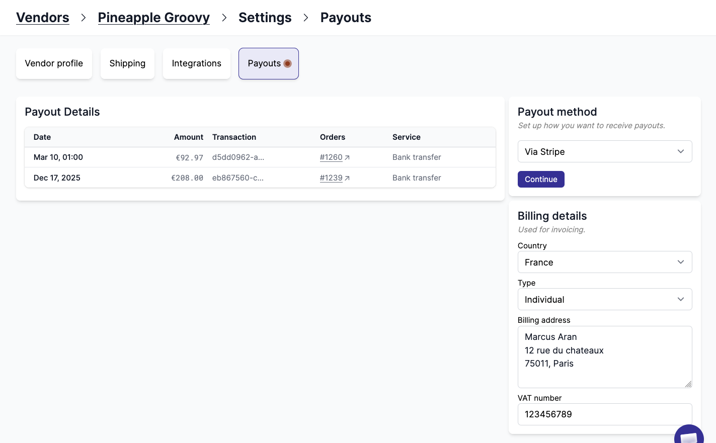 Vendor billing details