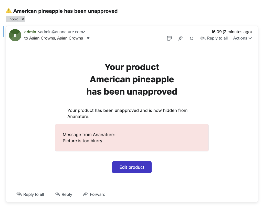 Unapproved product email