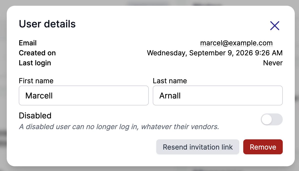 Vendor user details with the name fields and the disabled toggle