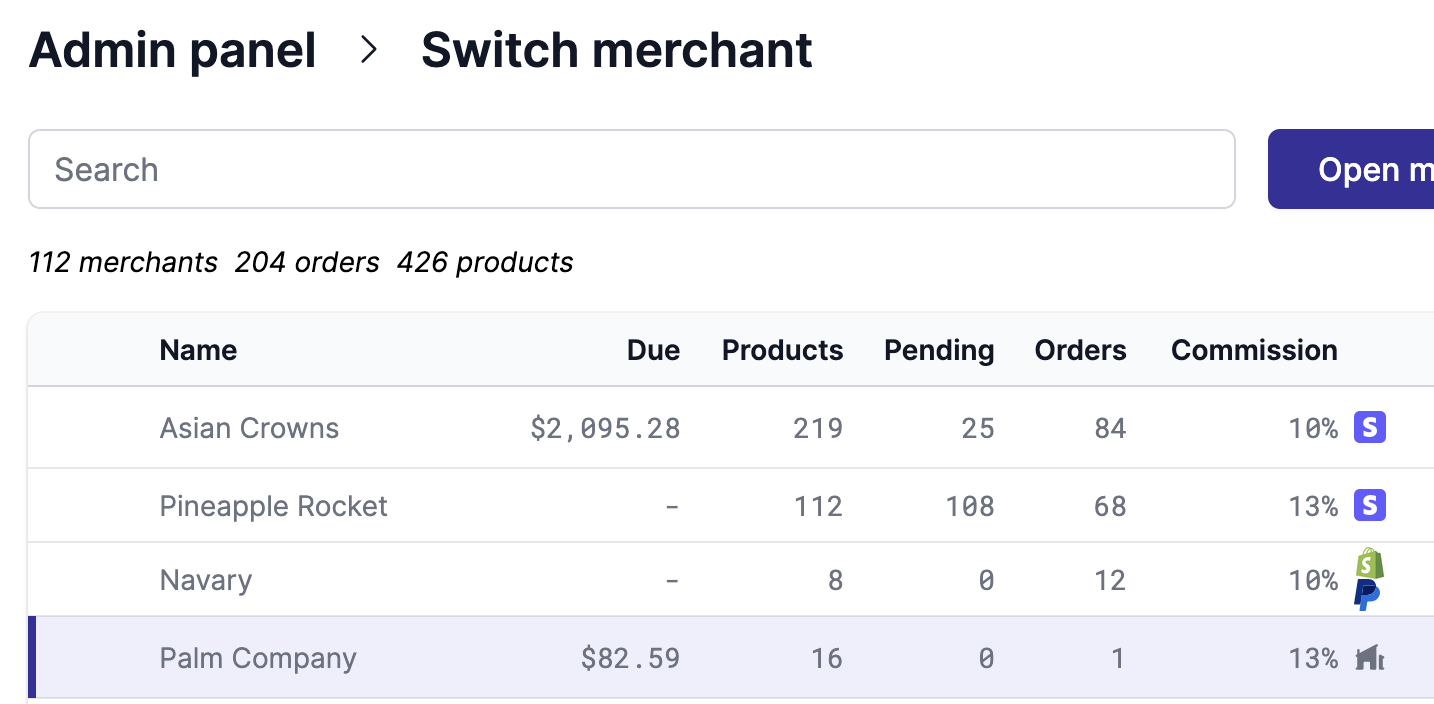 Warehouse icon in the vendor list