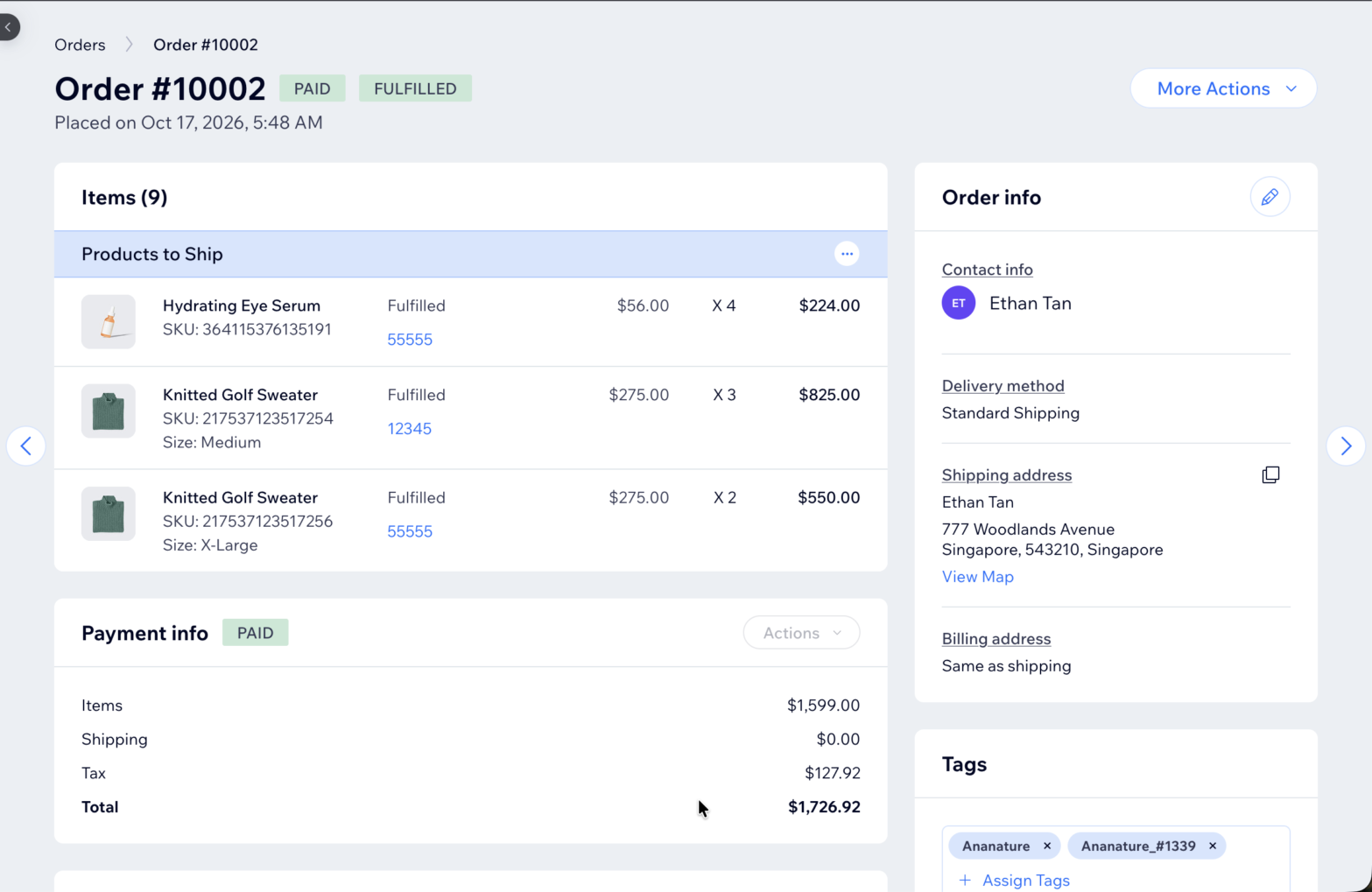 A marketplace order on Wix