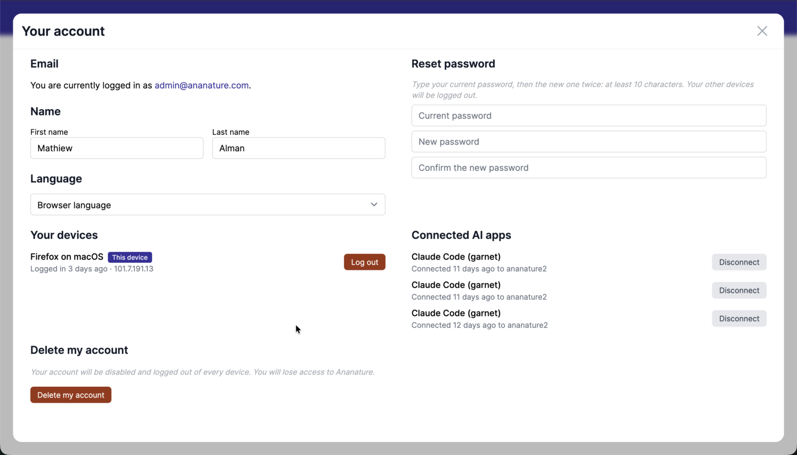 Your account page