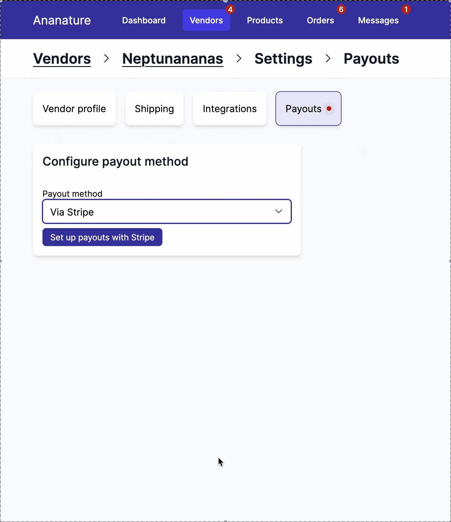 Vendor payout settings with bank transfer