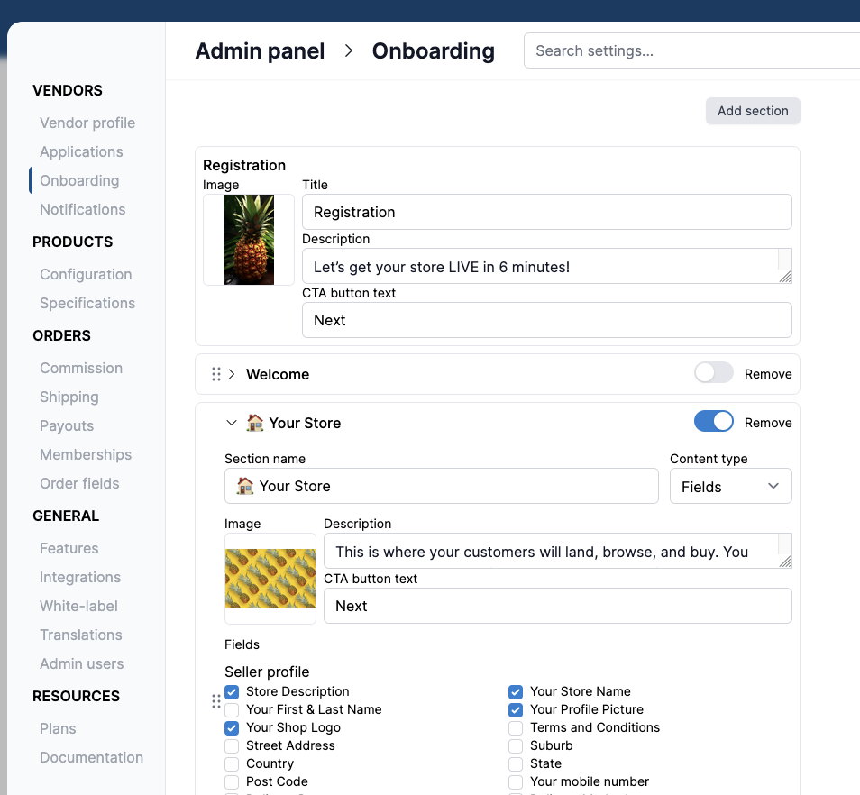 Onboarding settings in the Garnet admin panel showing the Registration and Your Store sections with their configurable fields