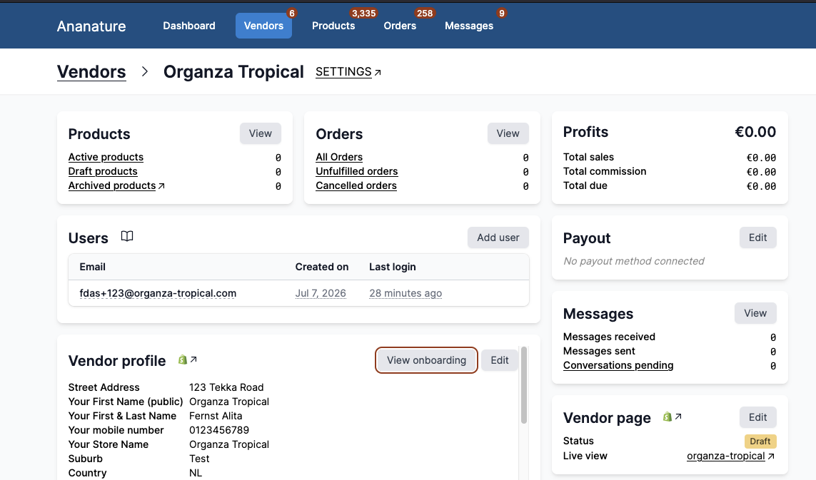 Vendor page in Garnet with the View onboarding button in the Vendor profile card