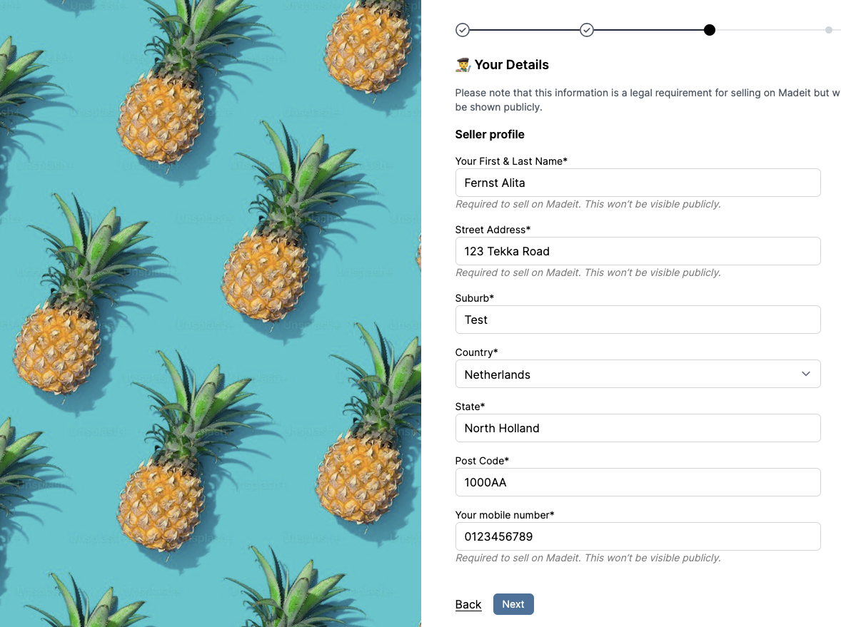 Vendor onboarding step asking for the seller's personal details: name, address, and mobile number
